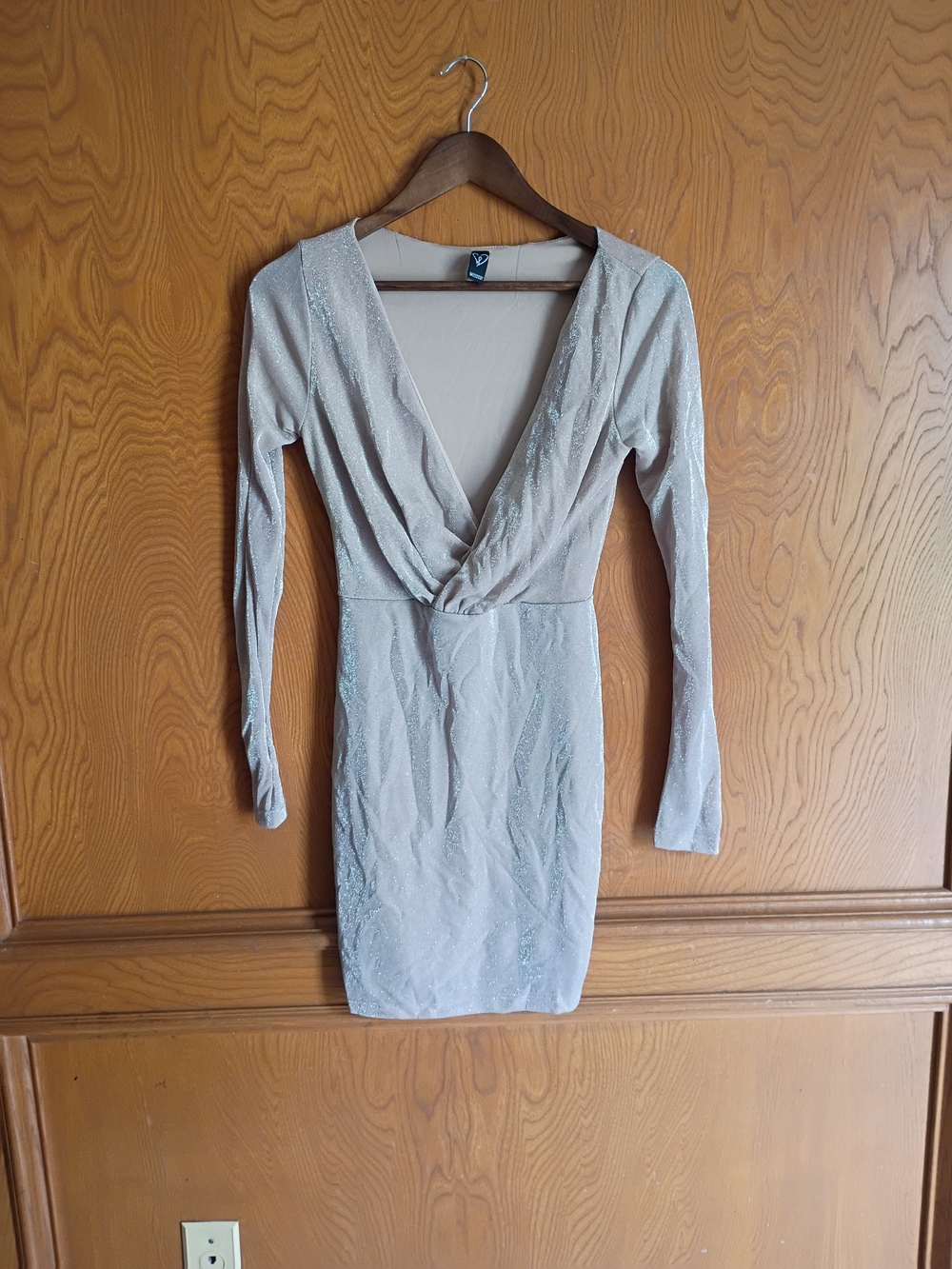 Deep V-Neck Long Sleeve Metallic Beige Dress